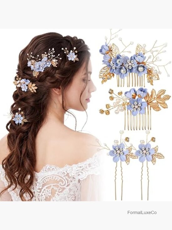 12Pcs Golden Leaf Hair Comb Set Bridal Pearl Hairpins Blue Flower Wedding Hair main image 6